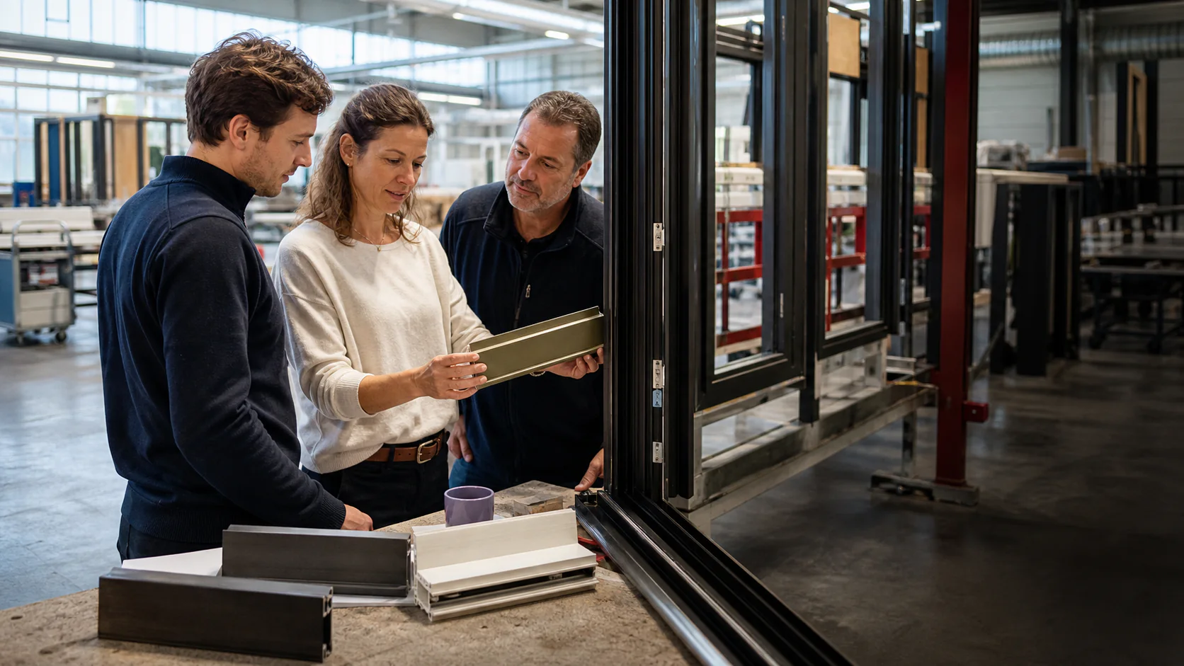 Illustrative manufacturing scene in which three colleagues select one physical product configuration