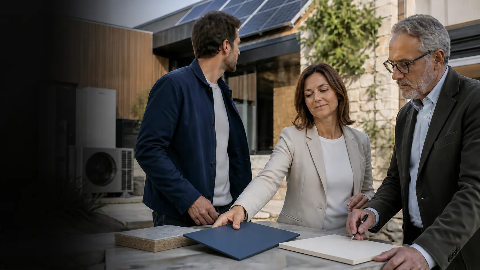 Illustrative energy-project scene of three decision makers completing the review of one physical proposal