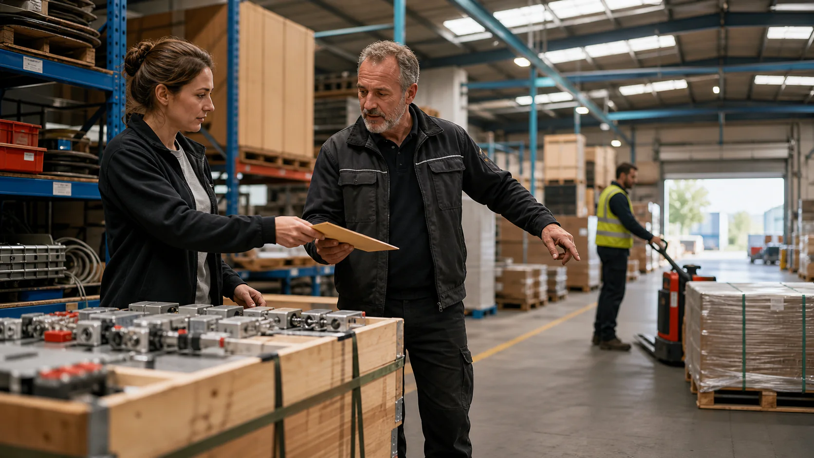 Illustrative logistics scene of an operations coordinator handing one order sleeve to a floor lead