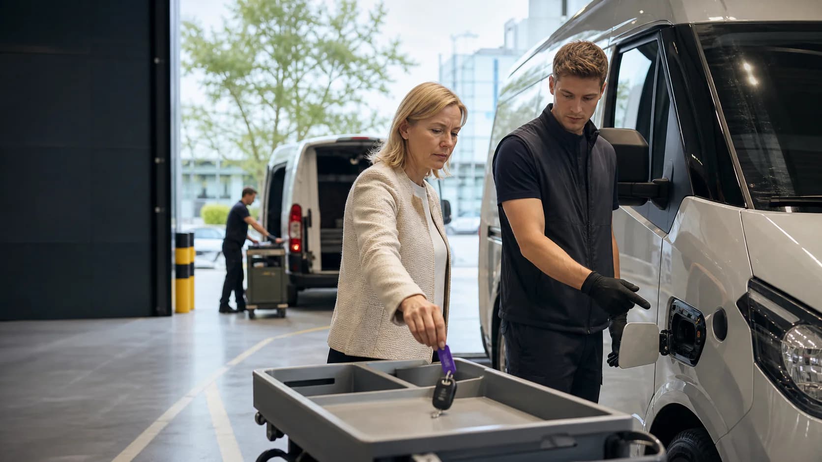Illustrative fleet-service scene of an operations manager and technician preparing one next action