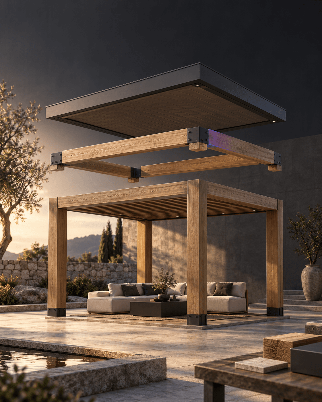 Illustrative exploded view of a timber pavilion with its roof and connecting components above the supporting frame.