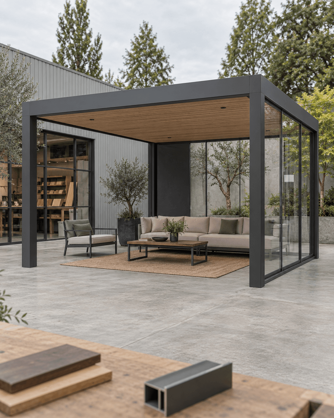 Fictieve productvisualisatie van een paviljoen met houten plafond en glazen wanden