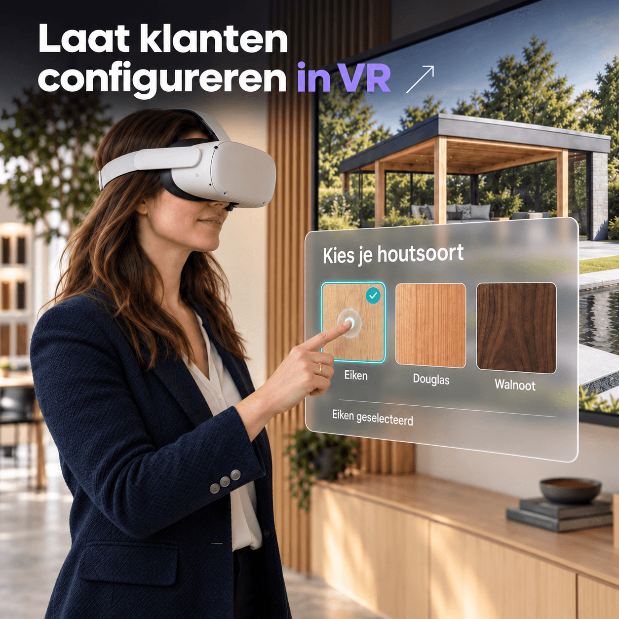 Klant kiest een houtsoort in een illustratie van een VR-productervaring