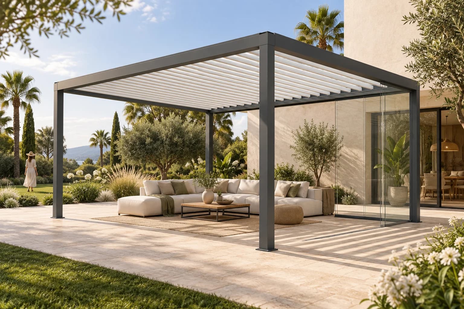 Dark louvred pergola with a glazed side wall and a light lounge beside a villa in a green, sunlit garden.