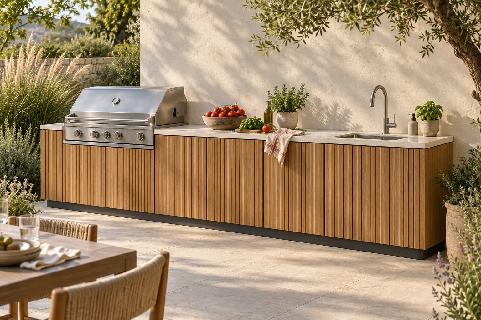 Outdoor kitchen with timber fronts, barbecue and sink on a sunny terrace