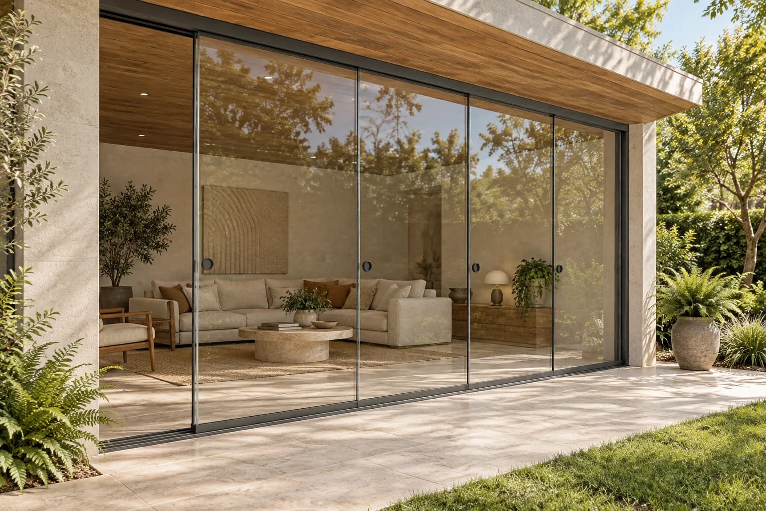 Frameless sliding glass walls between a light garden room and the terrace