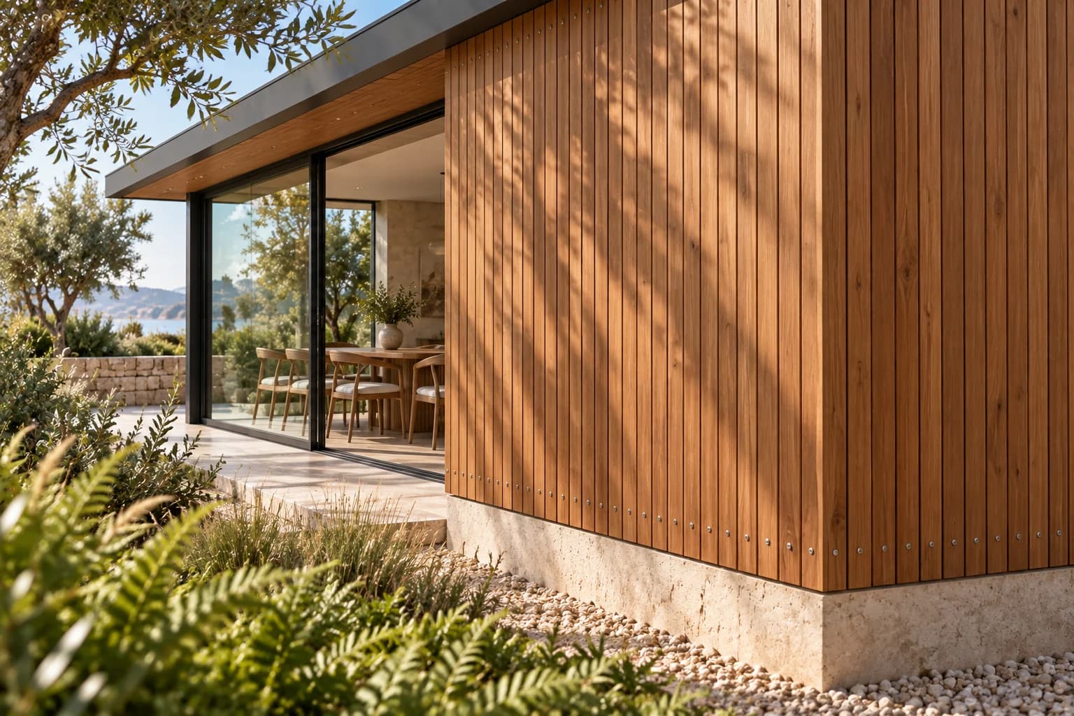 Vertical timber facade cladding with visible grain and greenery beside the building