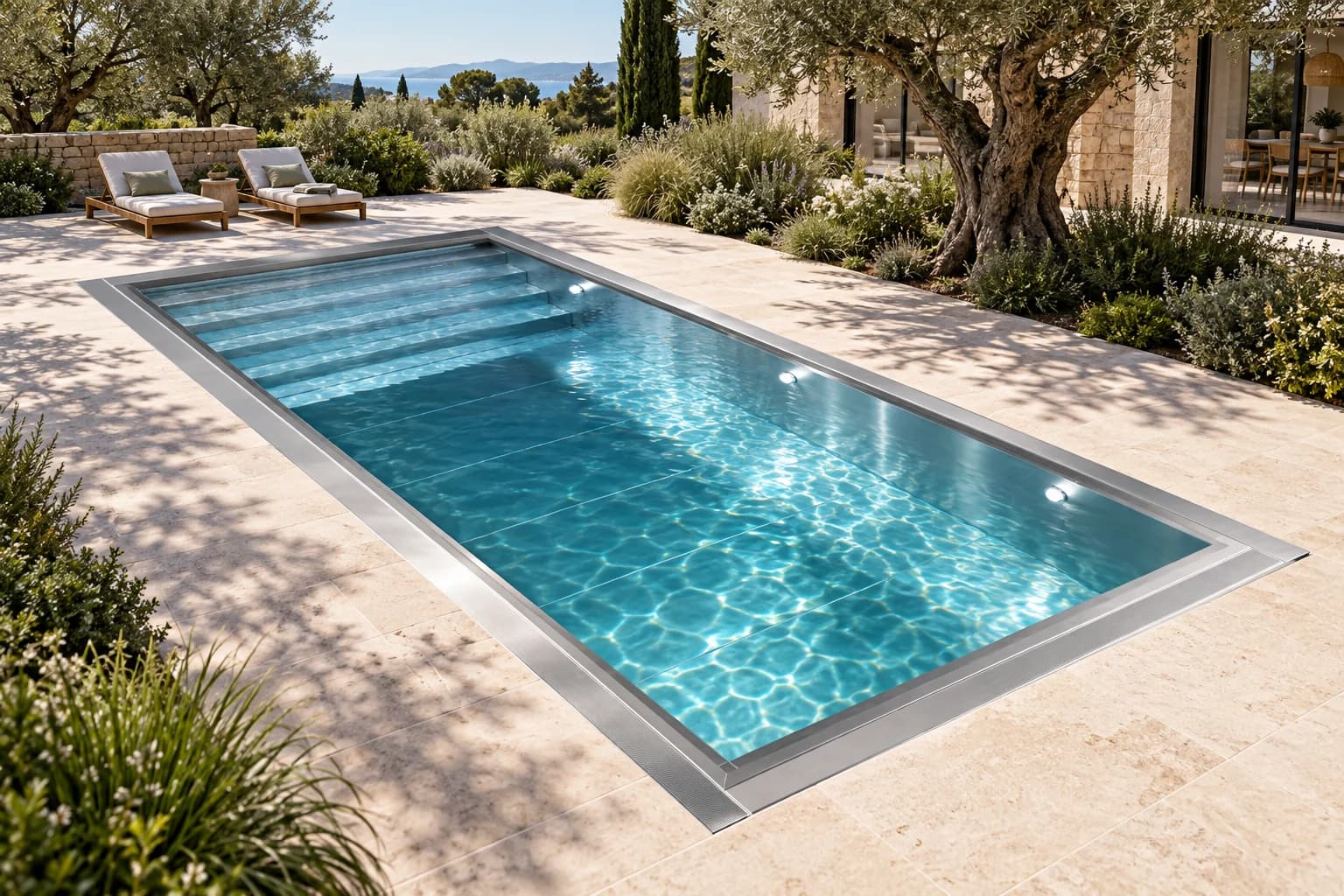Stainless steel pool with clear blue water in a green villa garden