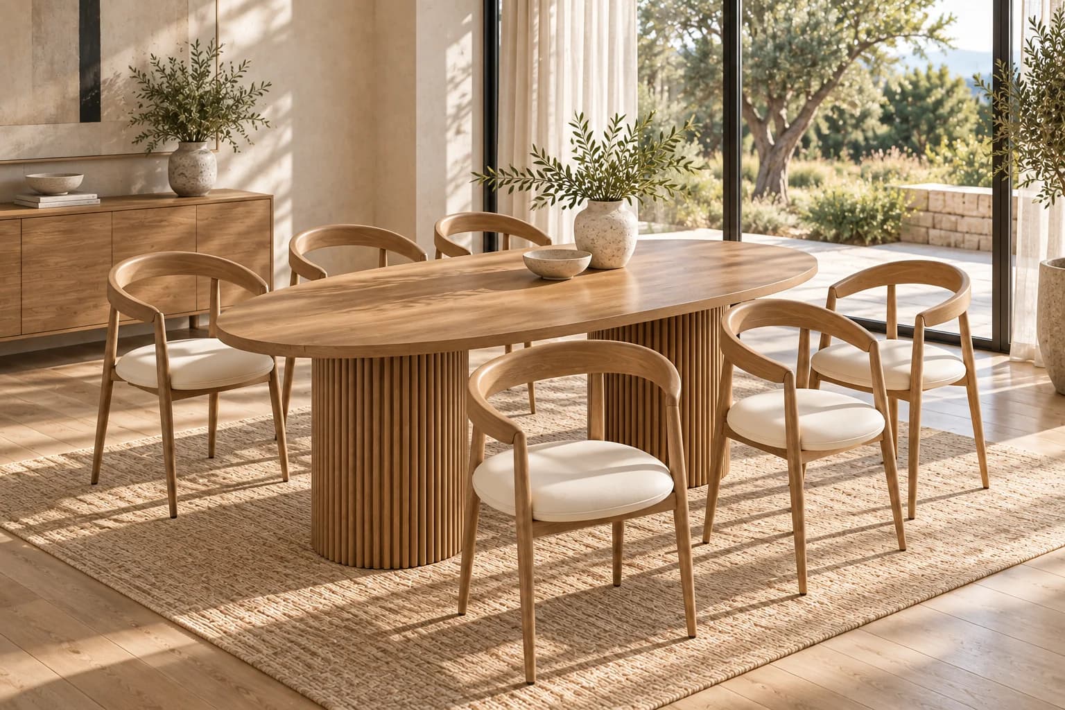 Oval oak dining table with fluted bases and six chairs in a light interior