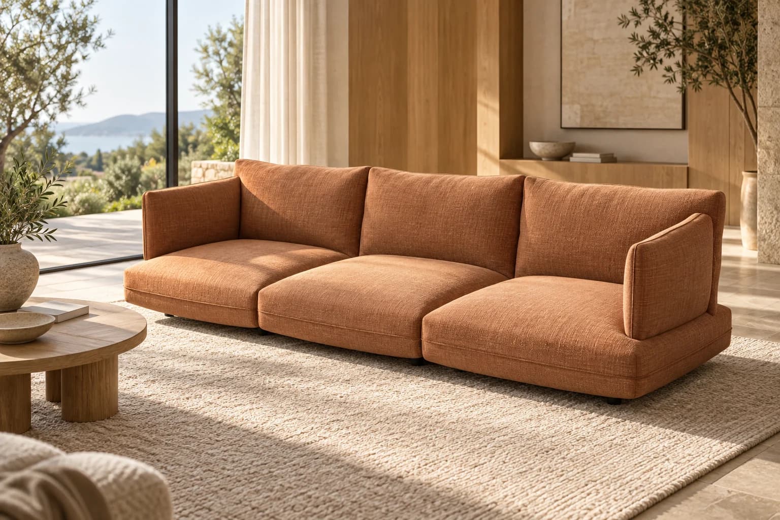 Clay-coloured modular sofa in a light interior overlooking a garden