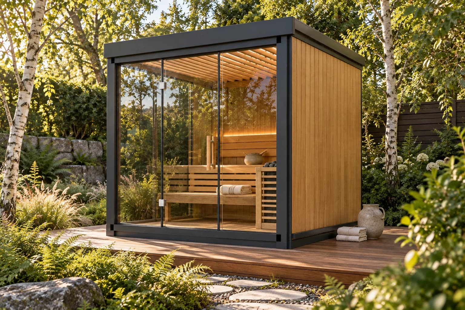Timber sauna with a glazed front and warm interior light in a green garden