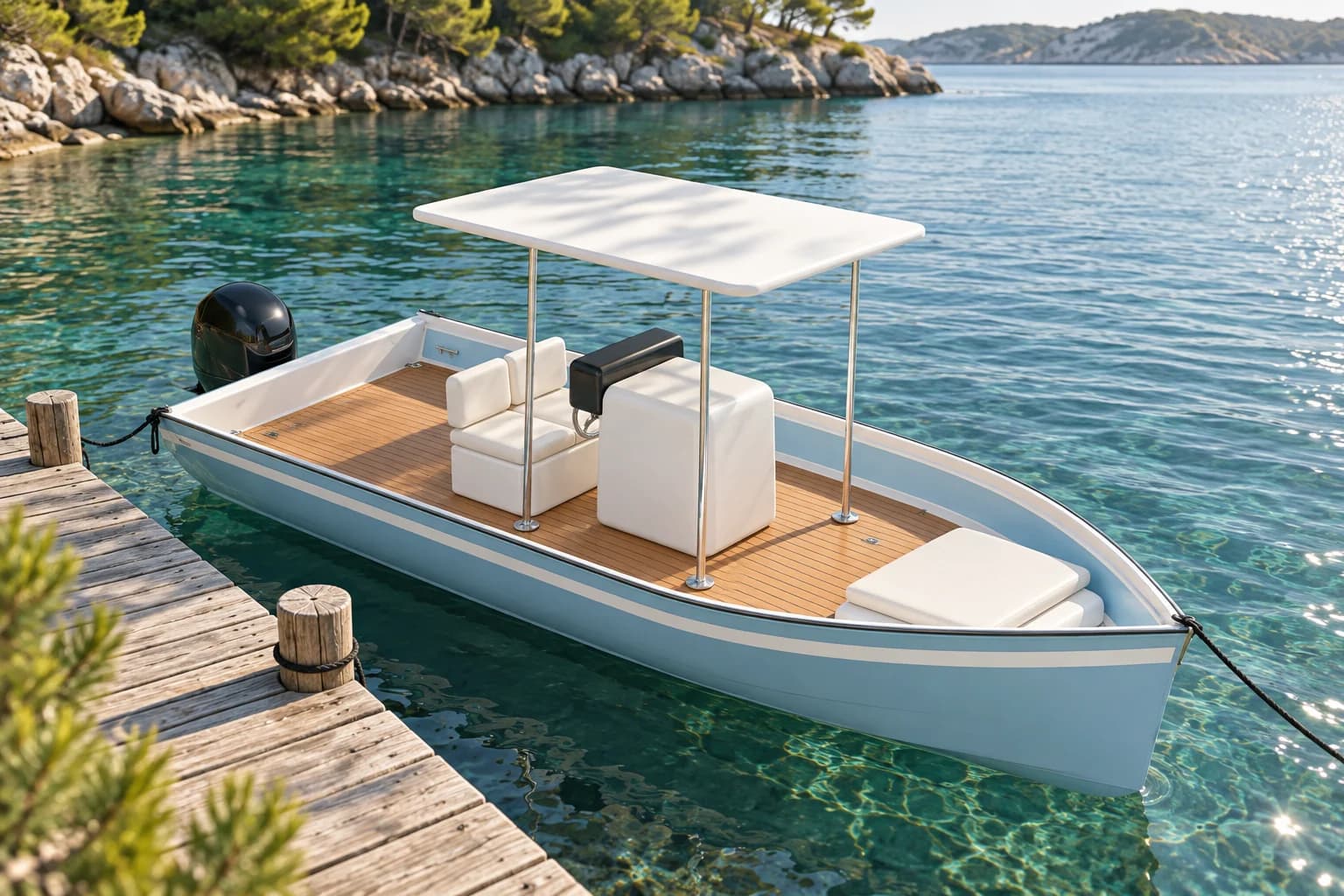 Pale blue centre-console boat with a teak deck beside a wooden jetty in clear water