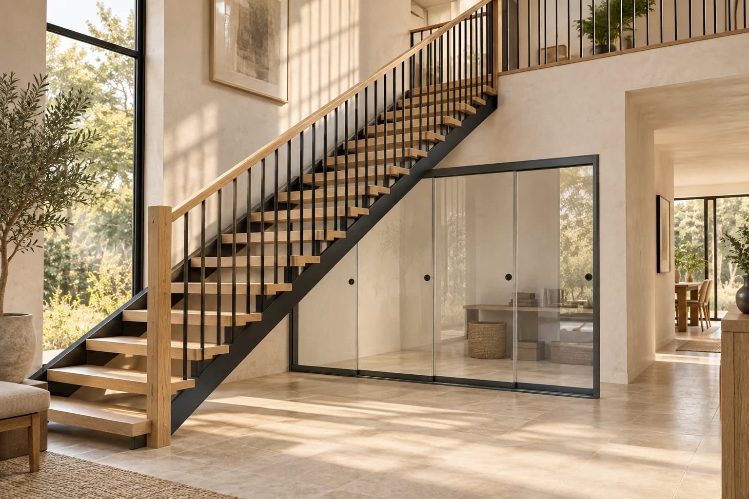 Oak staircase with black steel balusters in a light-filled villa