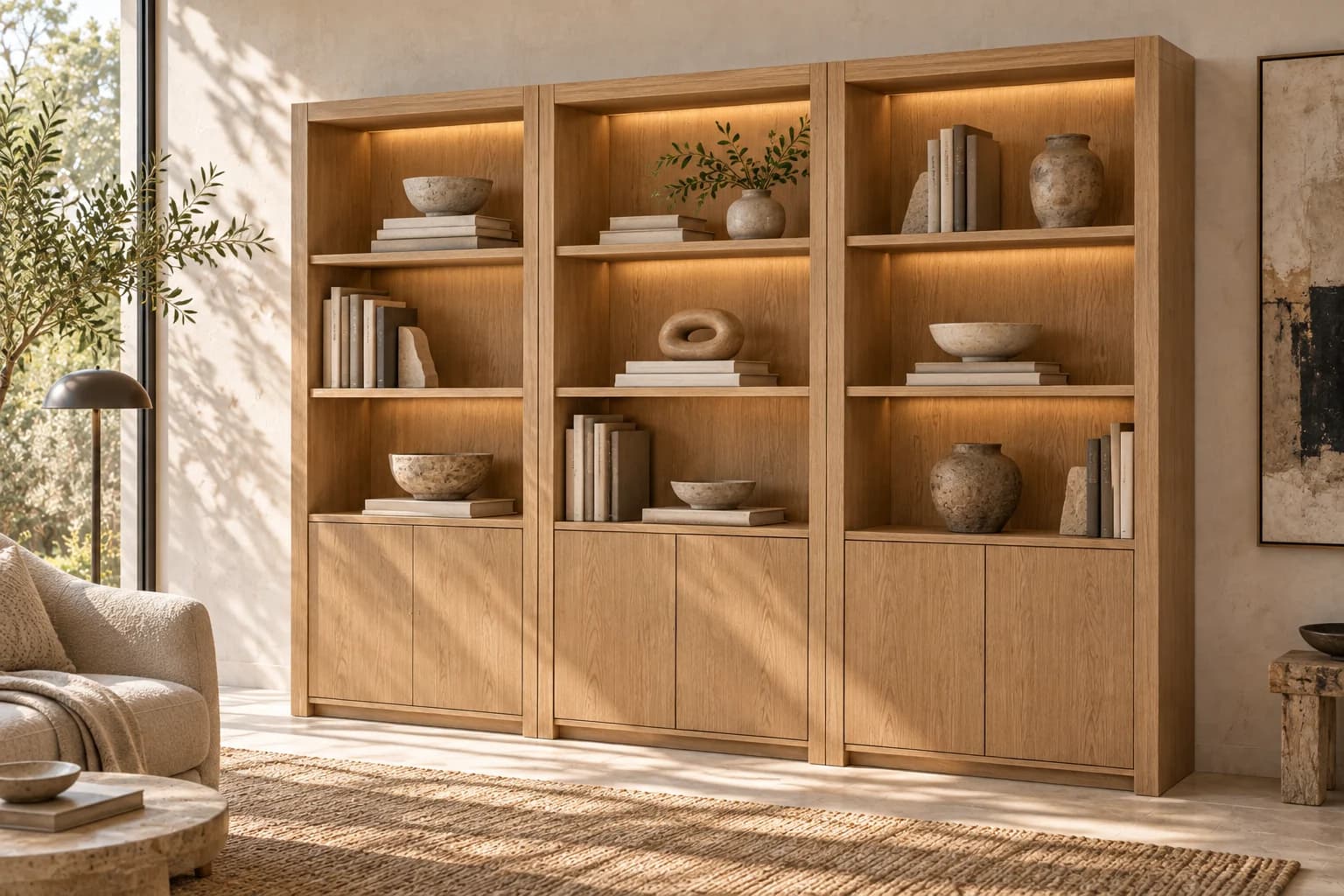 Modular oak shelving with lighting, books and ceramics