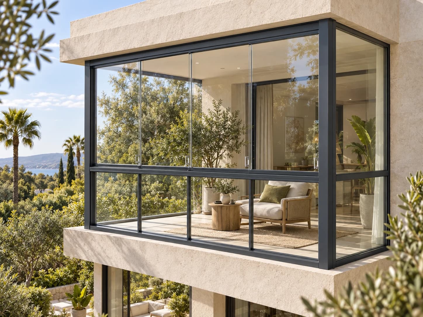 Balcony glazing with anthracite frames at a bright modern home with greenery