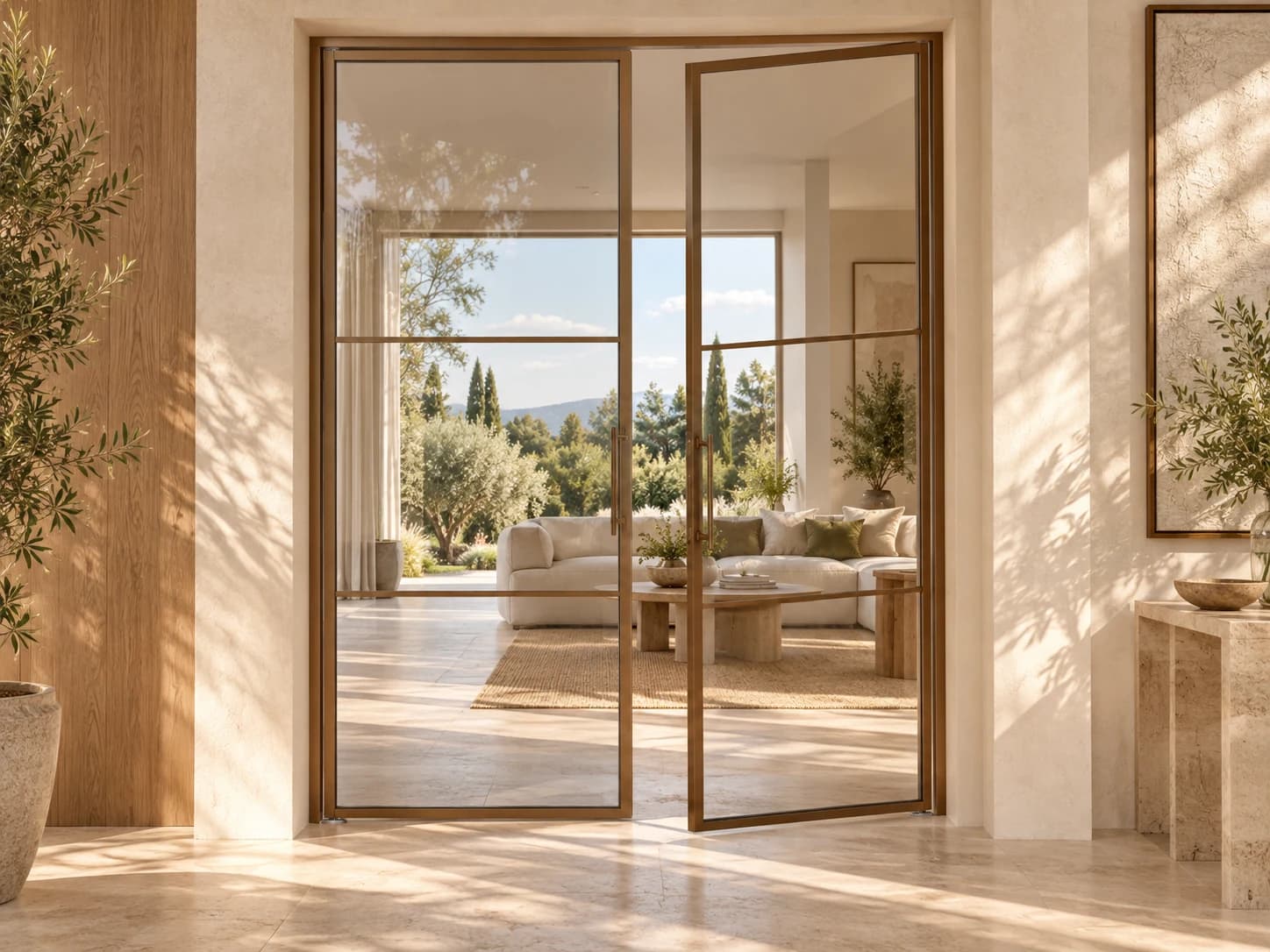 Double glass interior doors with bronze frames in a warmly lit interior