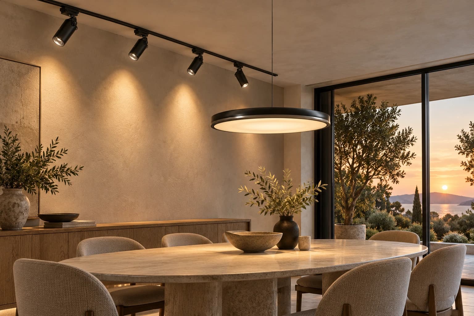 Black articulated track spots and a thin circular pendant above a stone table in a light-filled villa