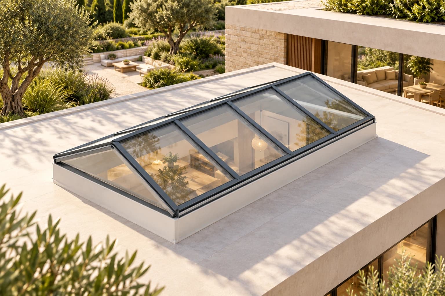 Glazed rooflight with graphite profiles on a light villa in a landscaped garden