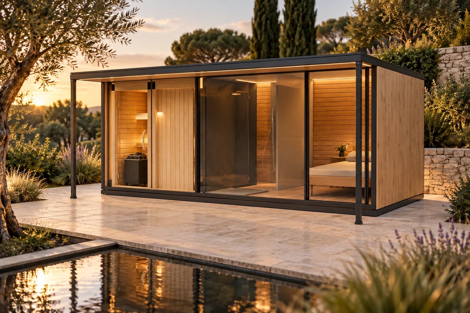 Timber private spa with a glazed front, sauna and lounge in a landscaped villa garden