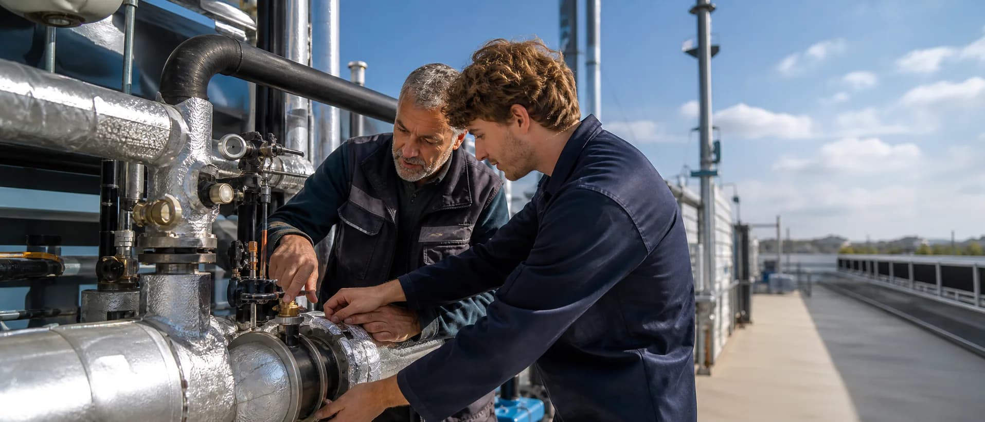 Illustrative scene of a younger builder and an experienced operations specialist inspecting a physical installation