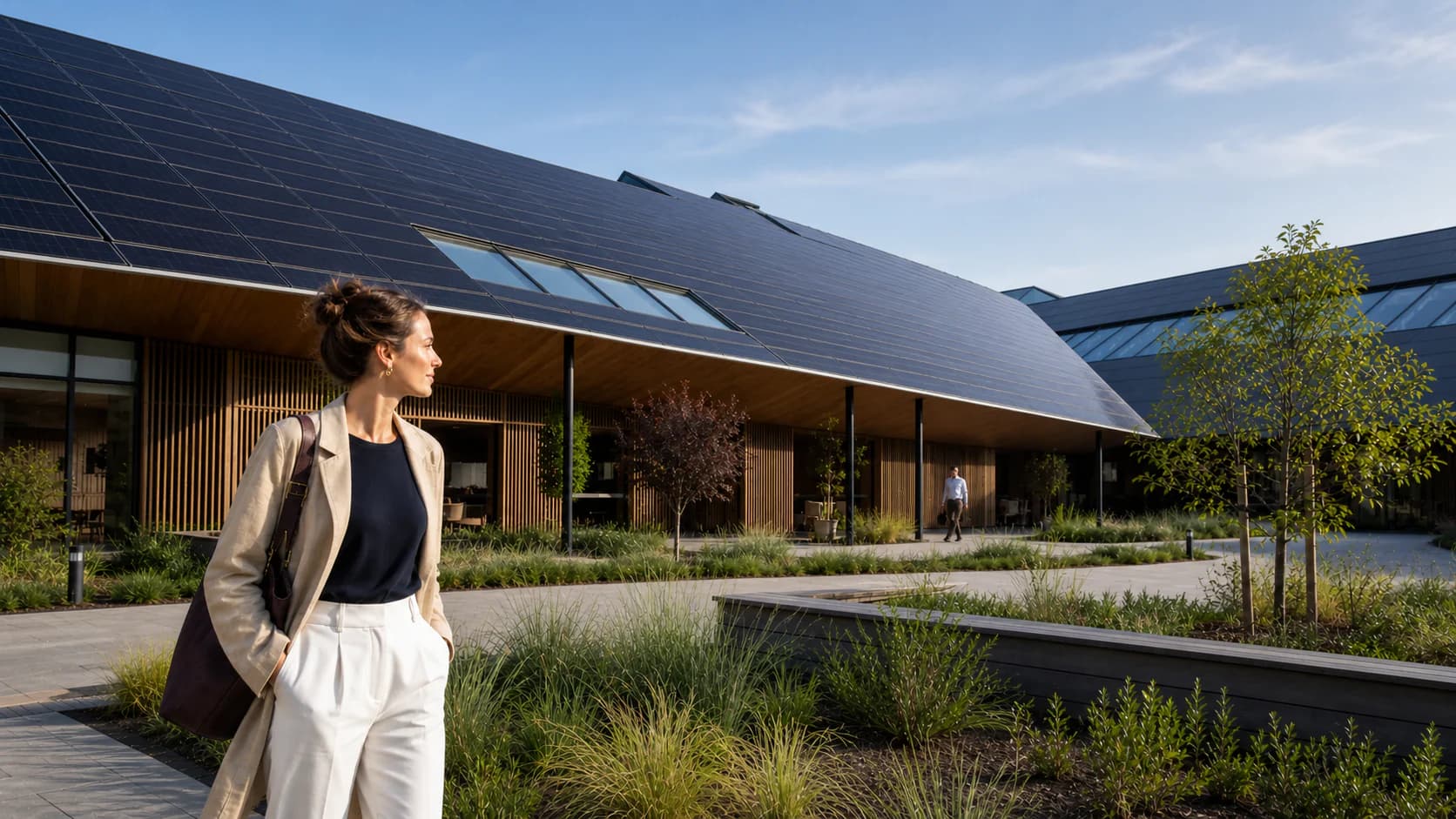 Illustratieve scène van een professional in hedendaagse zonne-architectuur
