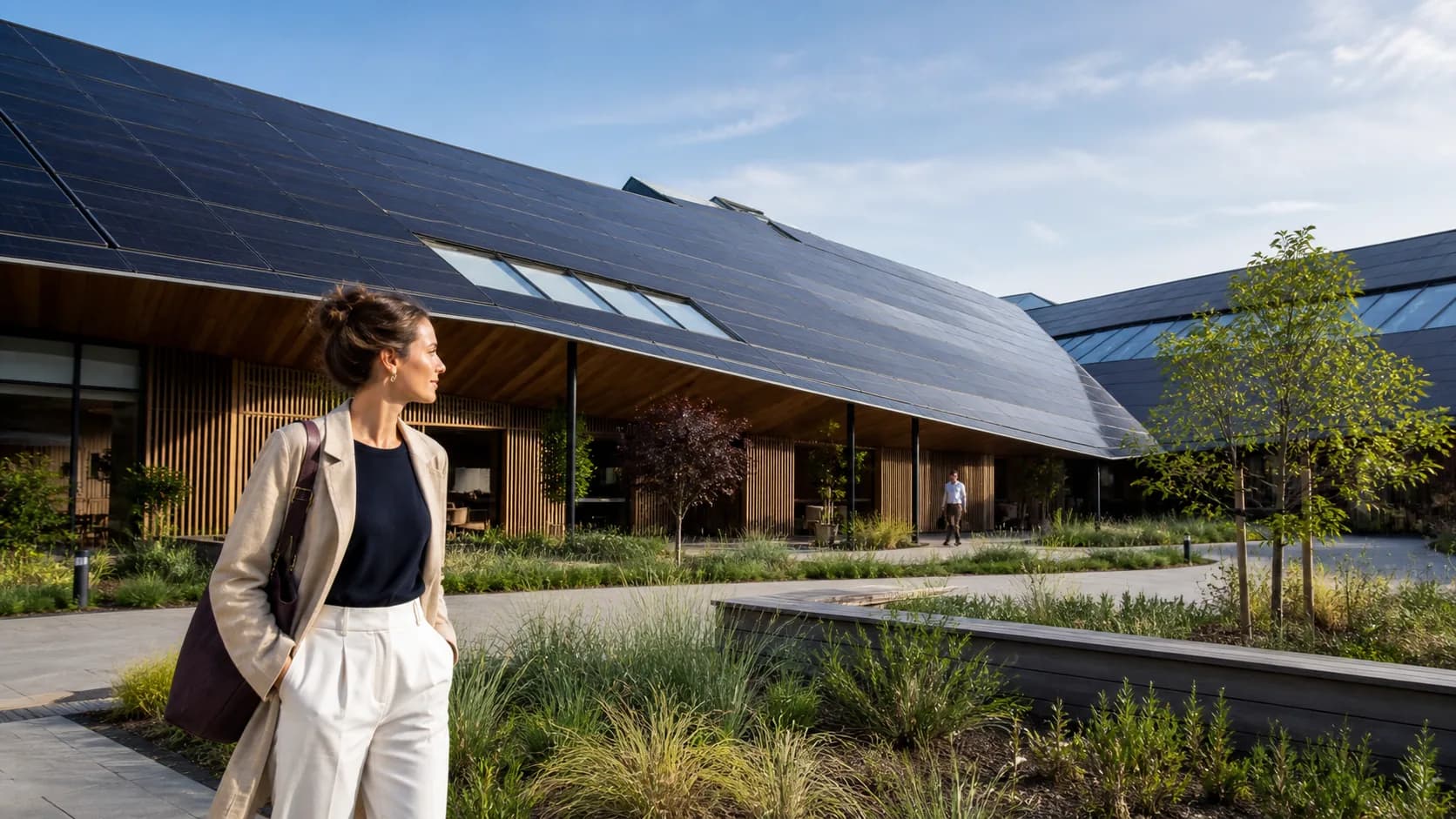 Illustrative scene of a professional walking through contemporary solar architecture