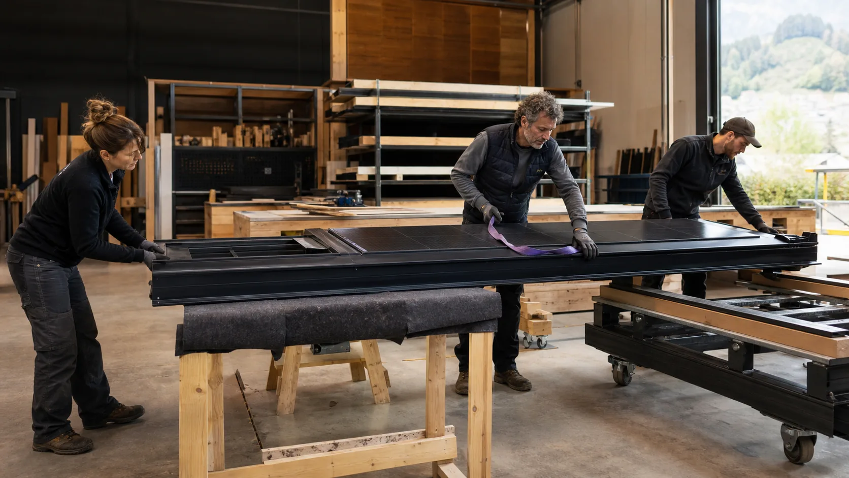 Illustrative scene of three professionals handling a building-integrated solar component in a workshop