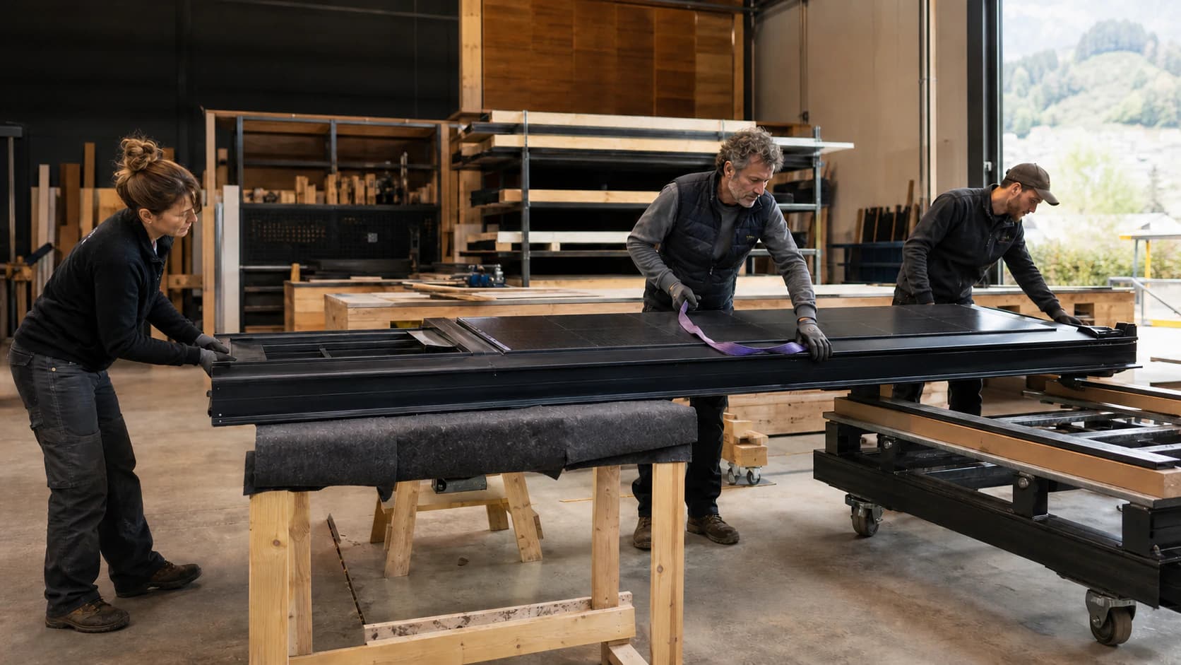 Illustrative scene of three professionals handling a building-integrated solar component in a workshop