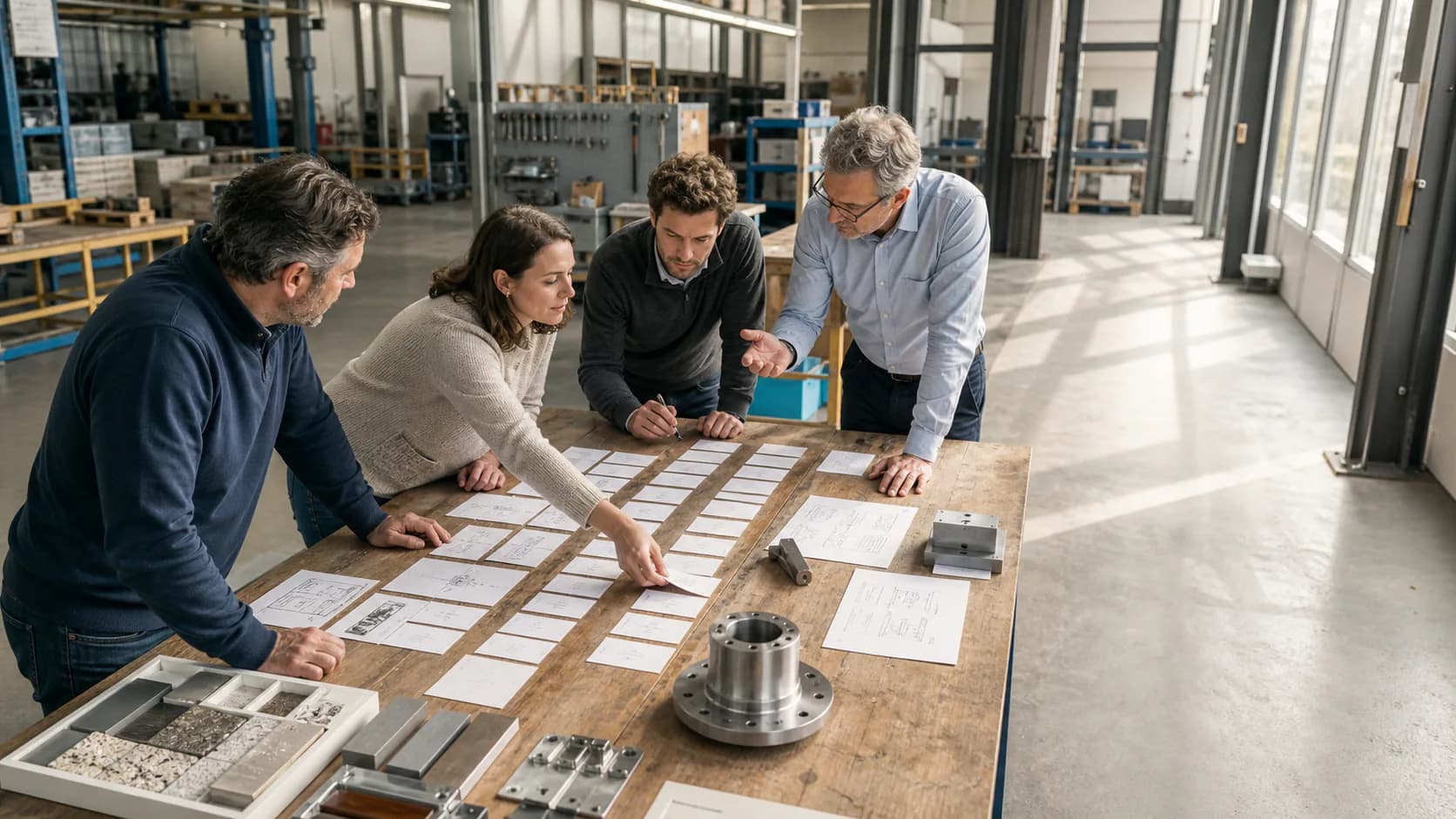 Illustrative scene of a cross-functional workshop around a physical process map in a manufacturing workplace
