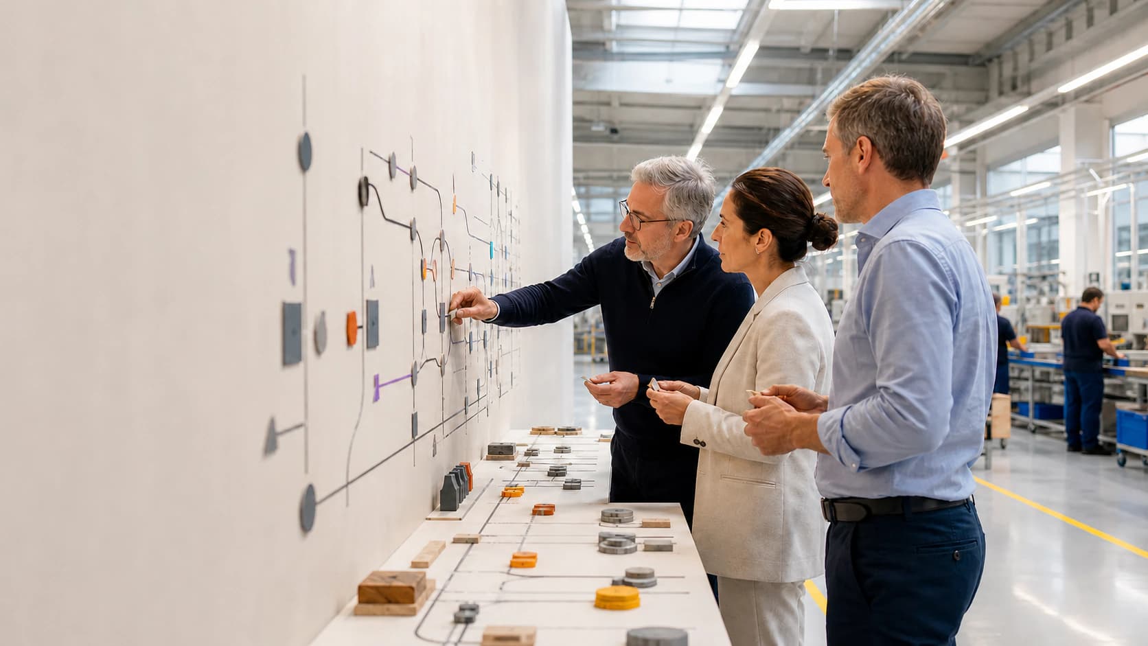 Illustrative scene of manufacturing leaders mapping one connected operating chain with physical markers