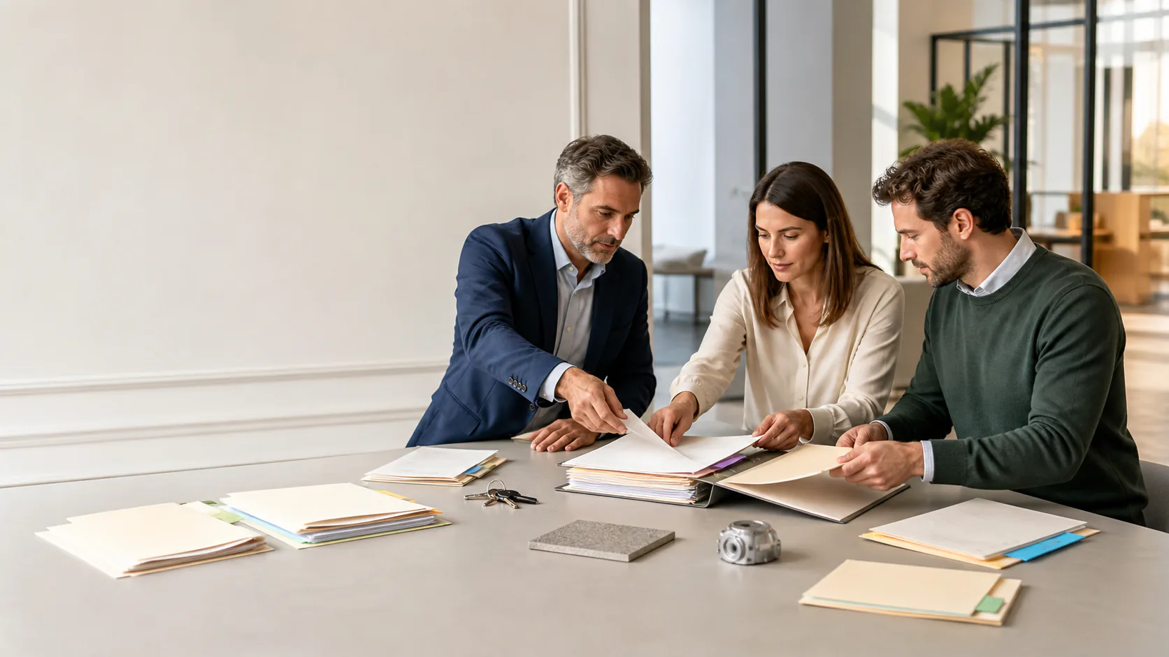 Illustrative scene of three colleagues bringing fragmented paper workflows into one shared dossier
