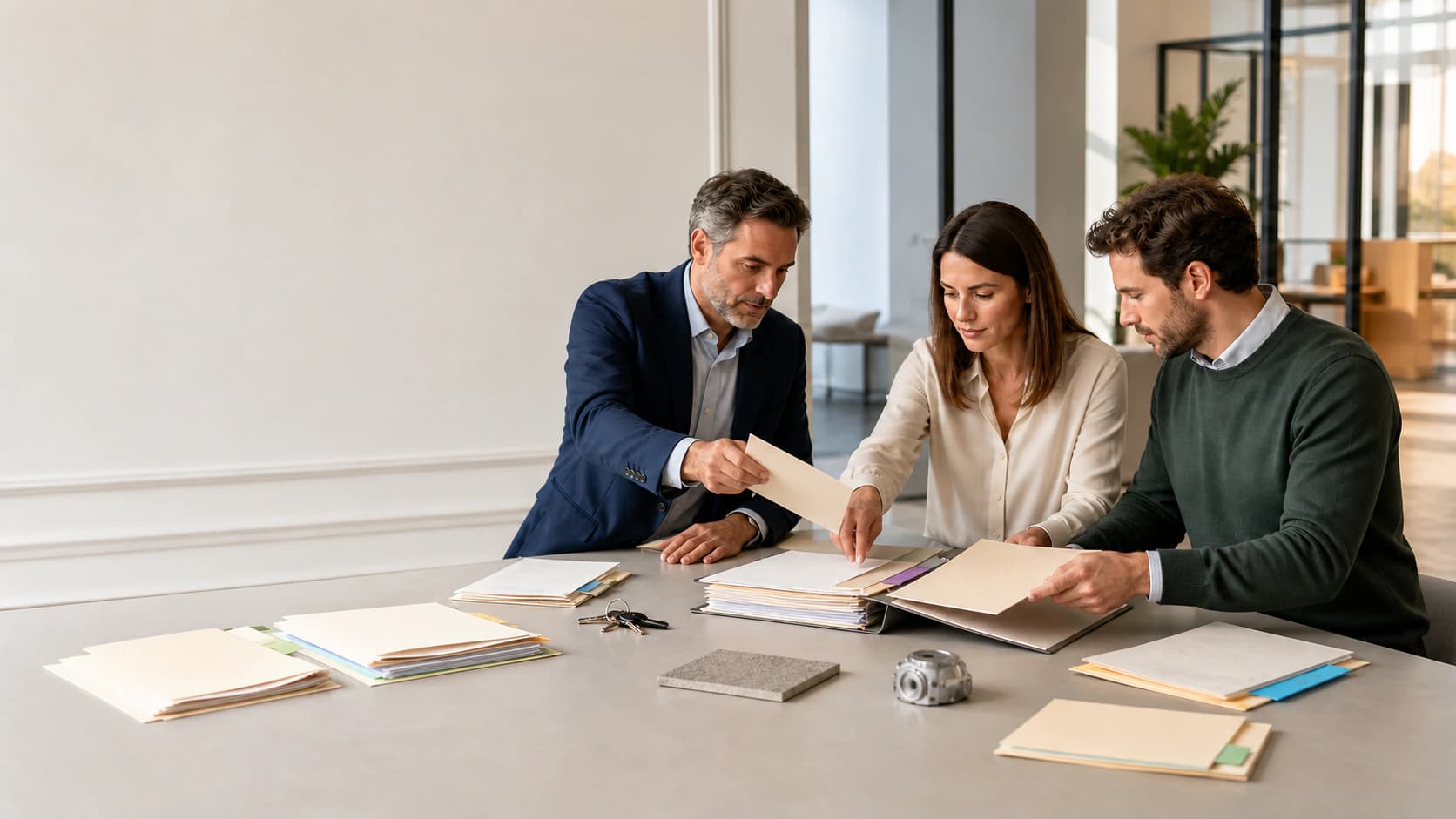 Illustrative scene of three colleagues bringing fragmented paper workflows into one shared dossier