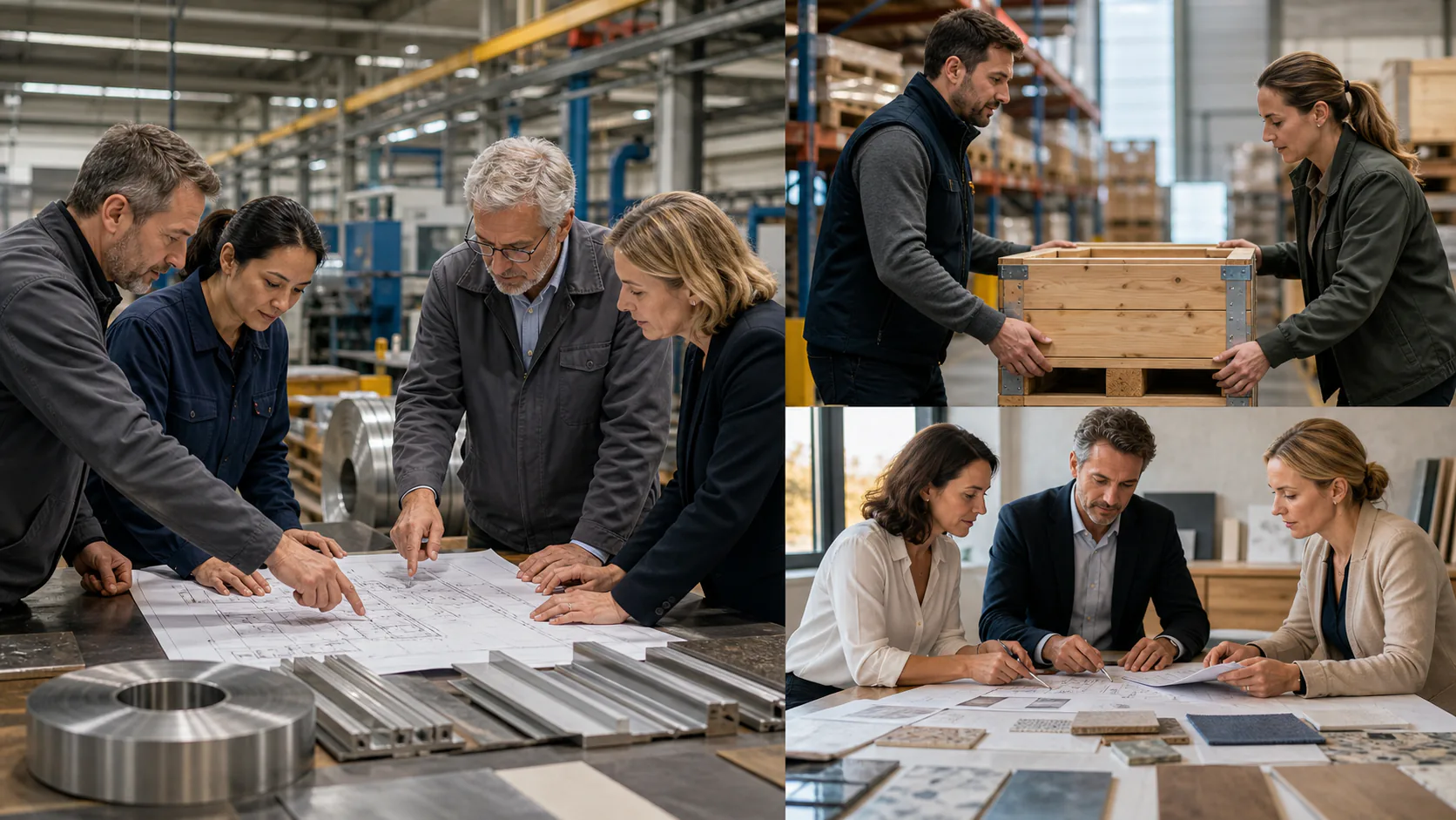 Illustratief drieluik van mensen die een maakproces, logistieke overdracht en zakelijke beslissing uitwerken