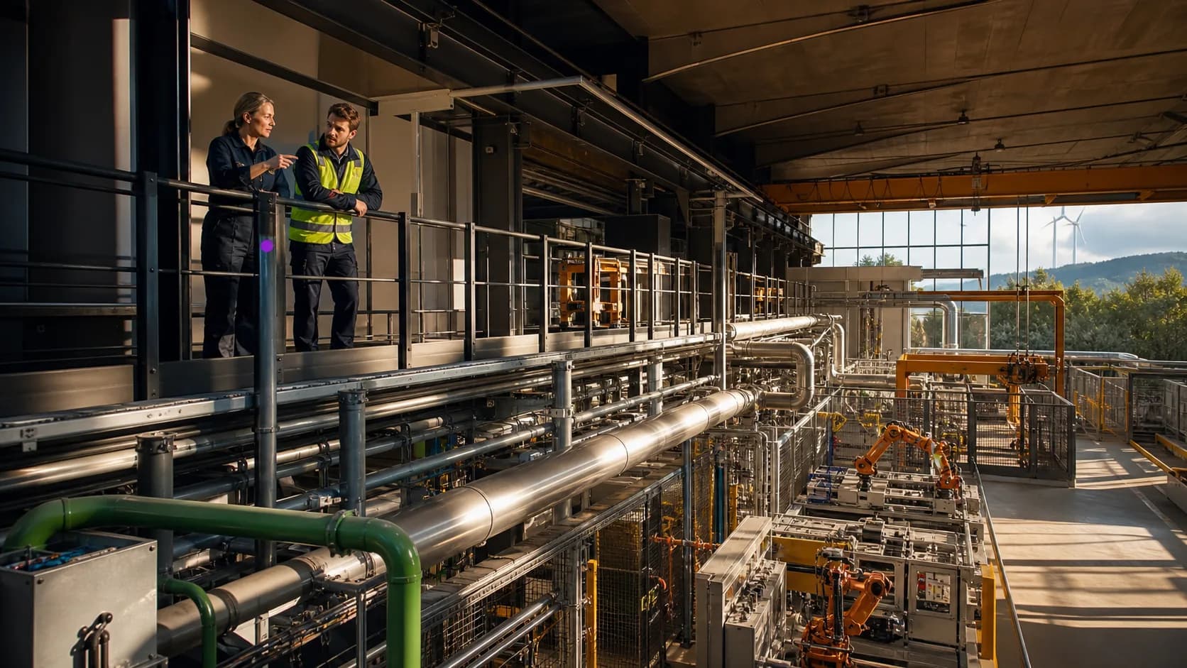 Illustrative scene of two professionals supervising a bounded automated step in a technical energy operation