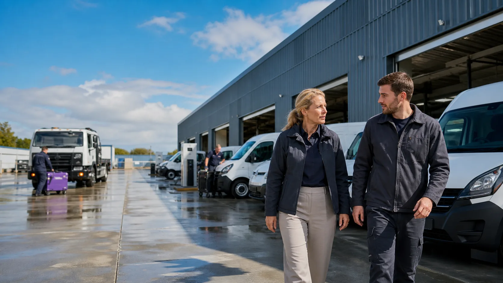 Illustrative scene of two professionals moving through a commercial fleet service operation