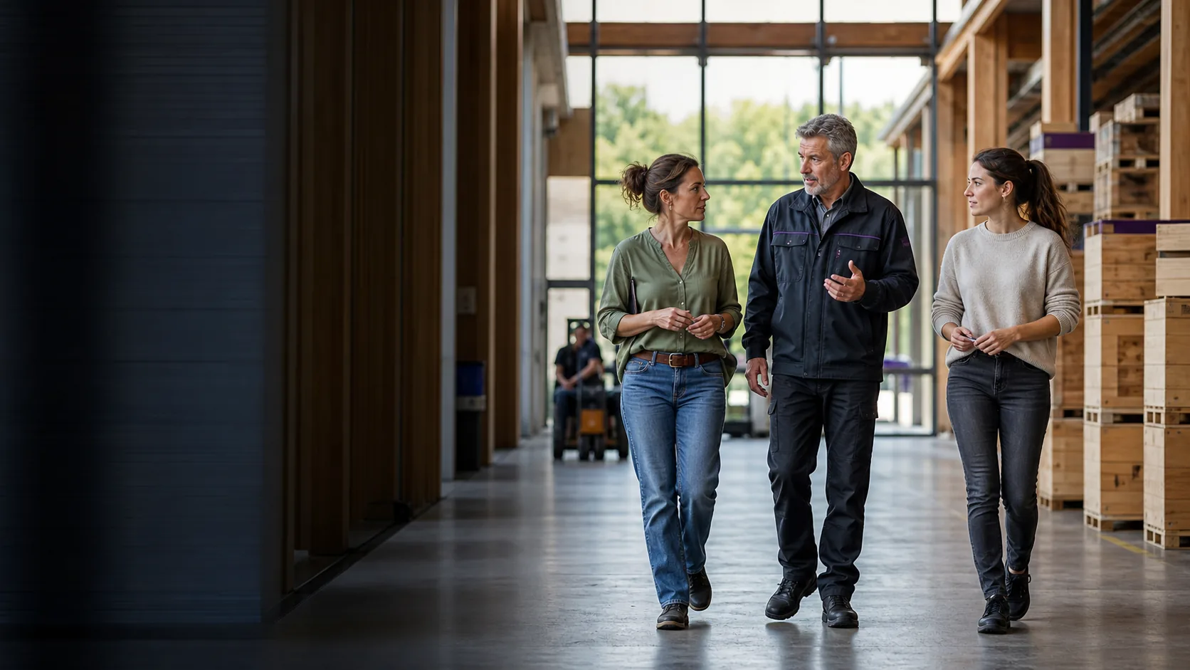 Illustrative scene of three professionals in a modern manufacturing and logistics environment