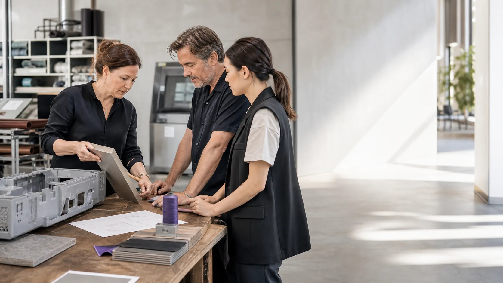 Illustrative scene of three professionals with materials and a physical production process