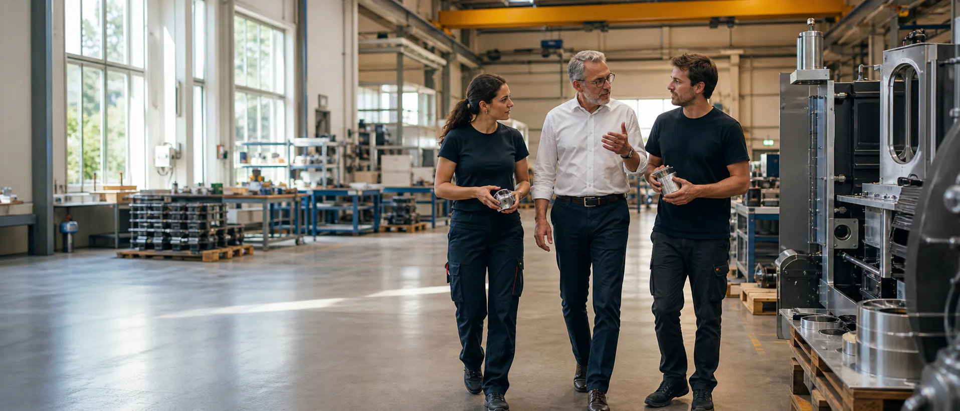 Illustrative scene of three people walking through a technical manufacturing environment during an implementation
