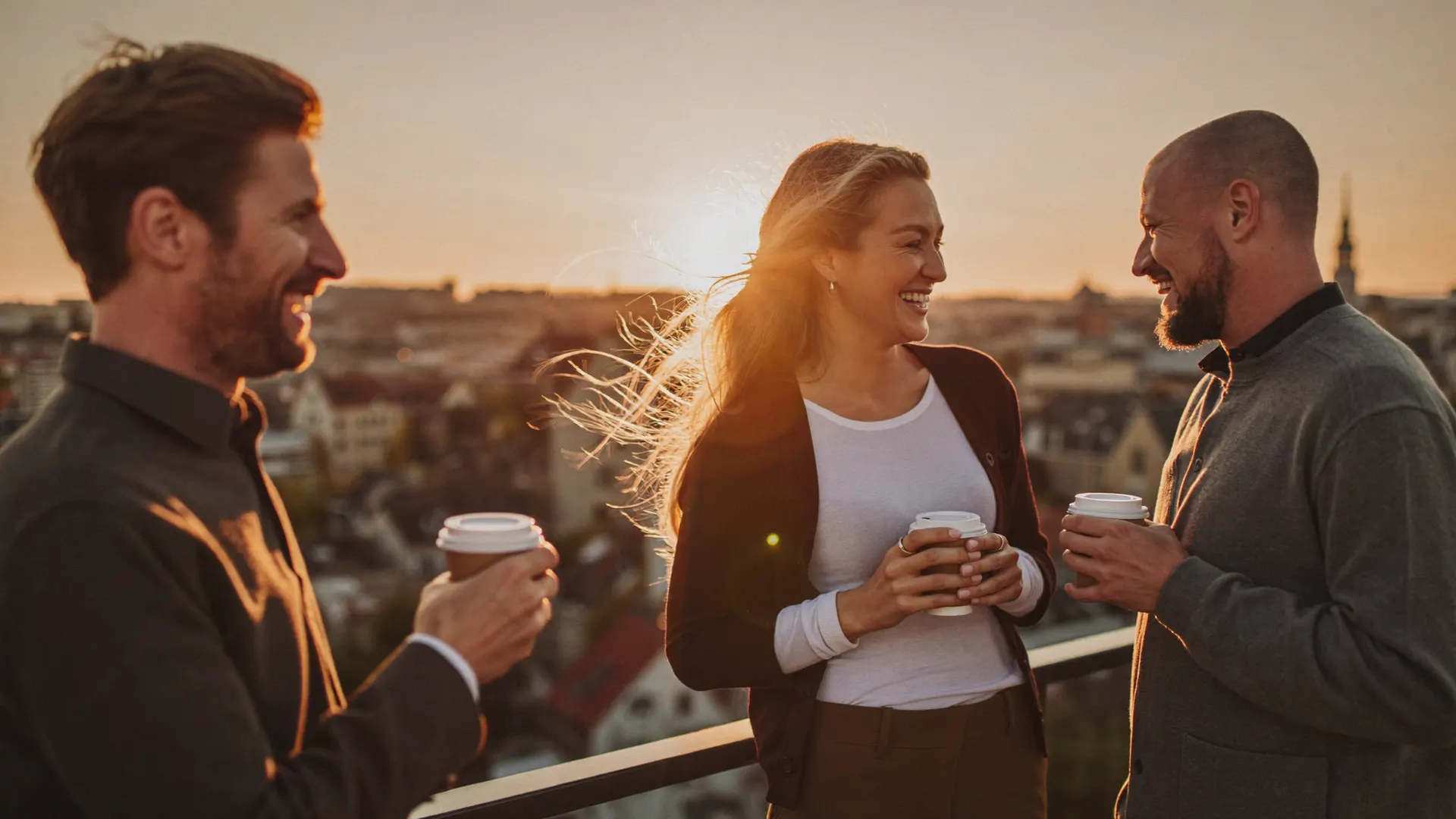 Illustratieve scène van drie mensen in gesprek op een dakterras