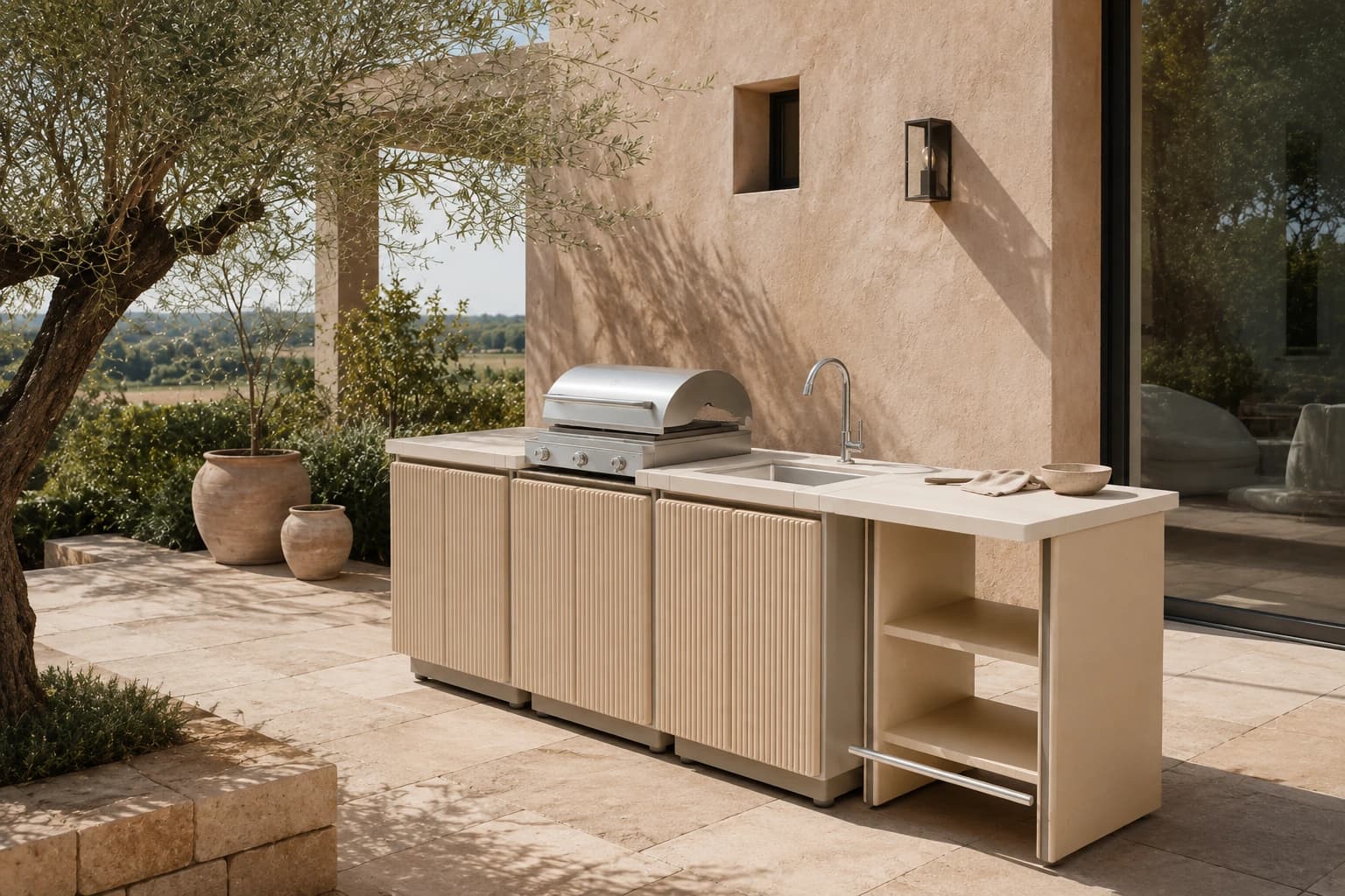 Illustrative BRASA outdoor kitchen with ribbed fronts on a sunlit stone terrace beside a terracotta-coloured villa