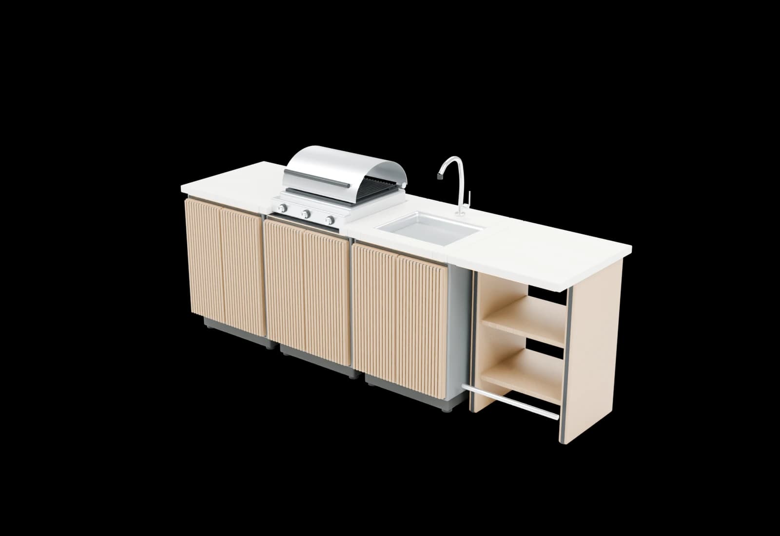 BRASA outdoor kitchen concept with ribbed wooden fronts, a pale worktop, grill, sink and open bar module