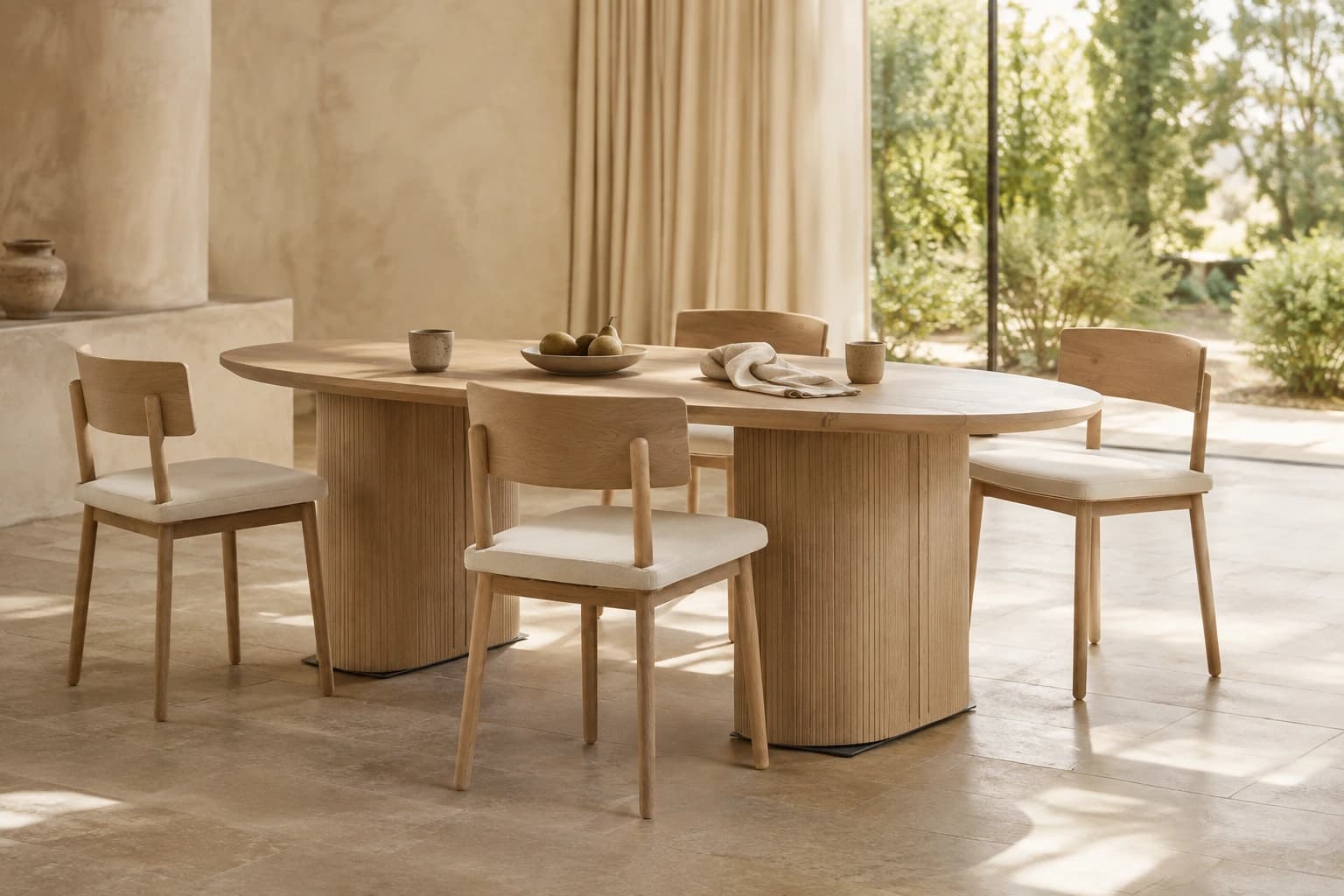 Illustrative mae oval wooden dining table with pedestal supports and four chairs in a warm interior with linen curtains