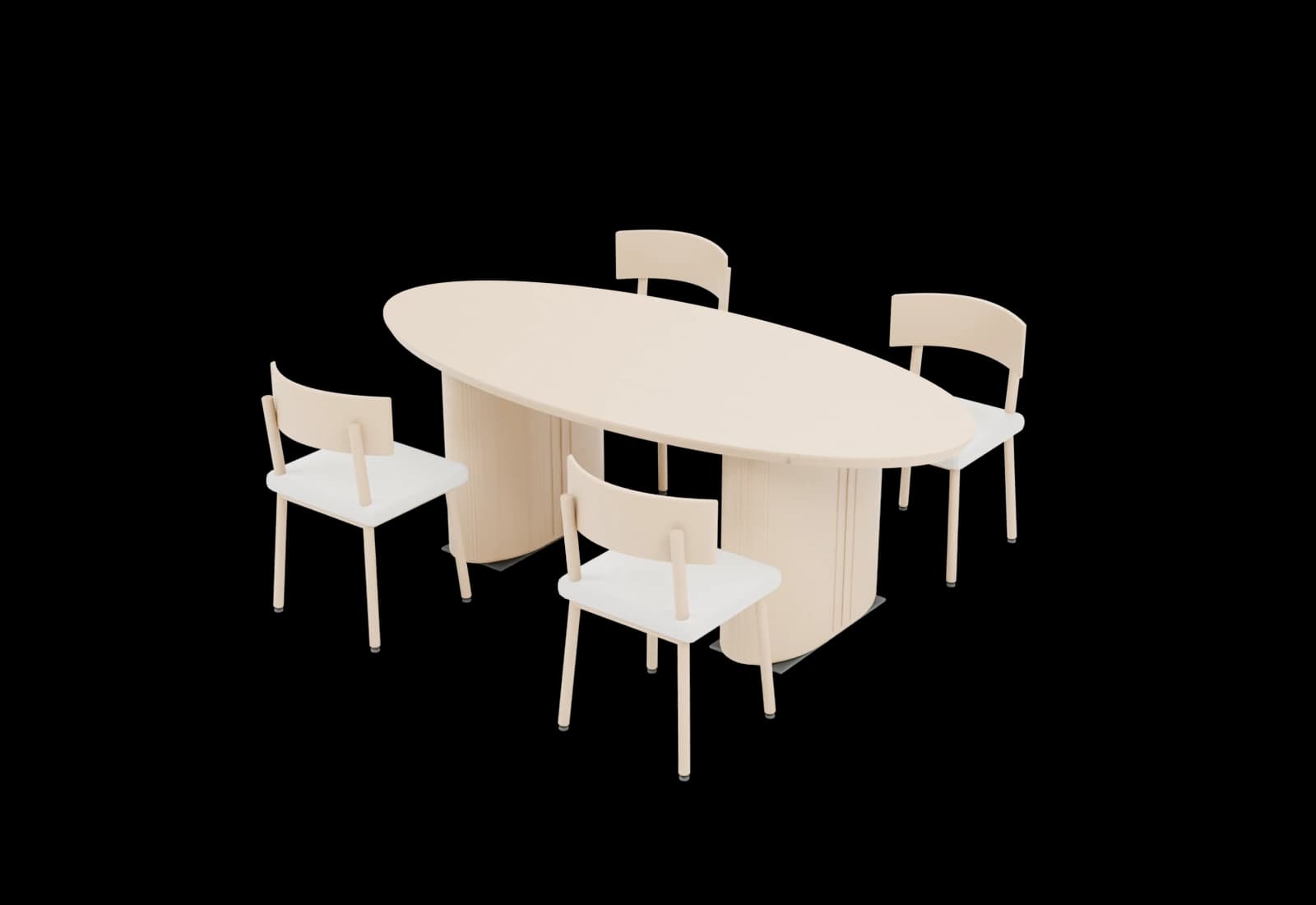 mae dining table concept with a warm wooden top, sculptural wooden supports and separate chairs