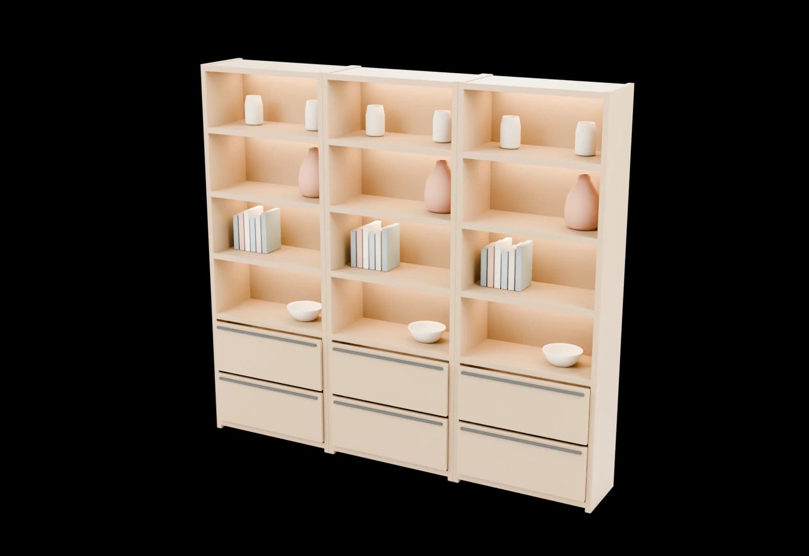 VAK storage wall concept with repeated wooden bays, open shelves and lower drawers