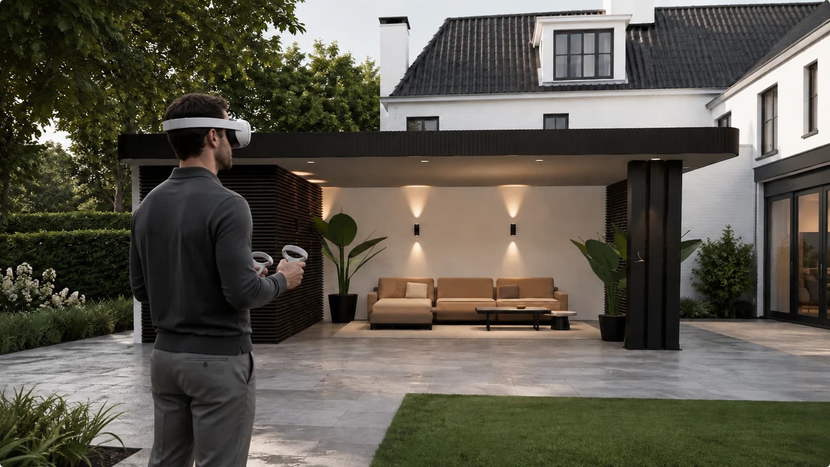 An impression of a person wearing a VR headset to view a canopy beside a home and garden.