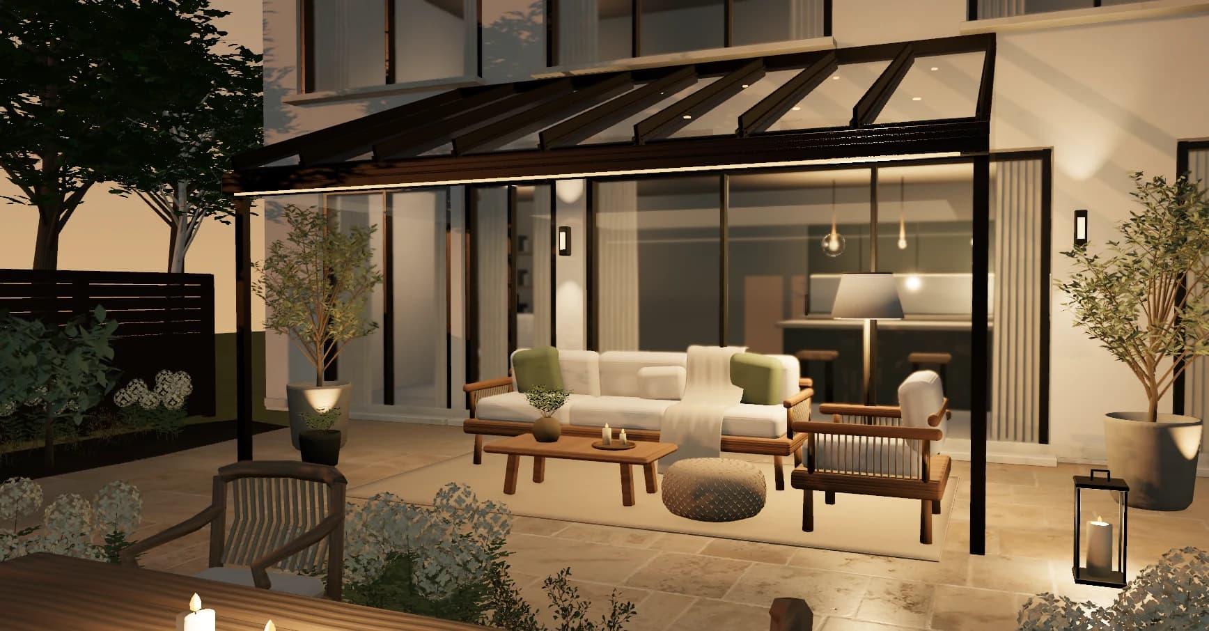 Browser render of a Sunparadise canopy with a glass roof, transparent walls and a furnished terrace in warm sunlight.