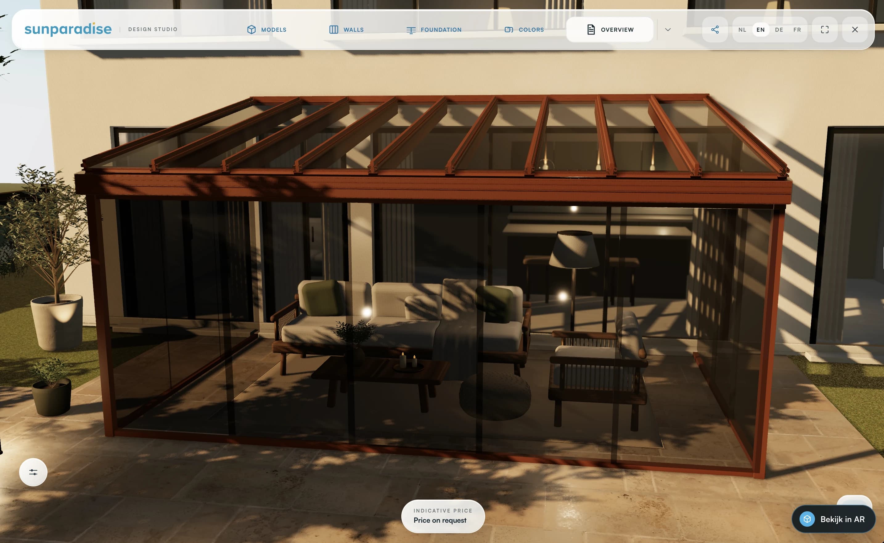 Actual Sunparadise configurator: product visualisation and configuration controls.