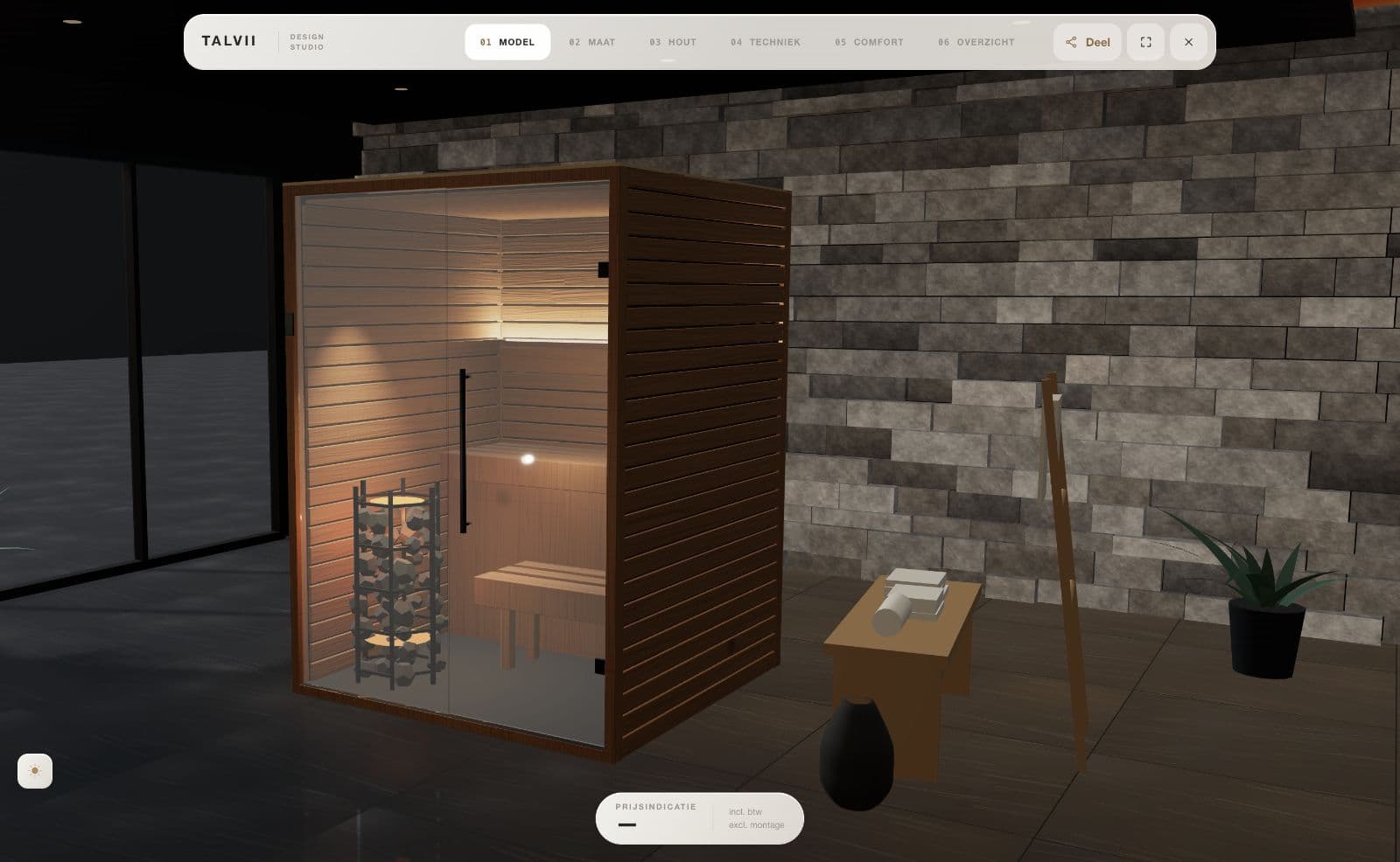 Talvii Design Studio met een sauna met glasfront in een zacht verlichte ruimte