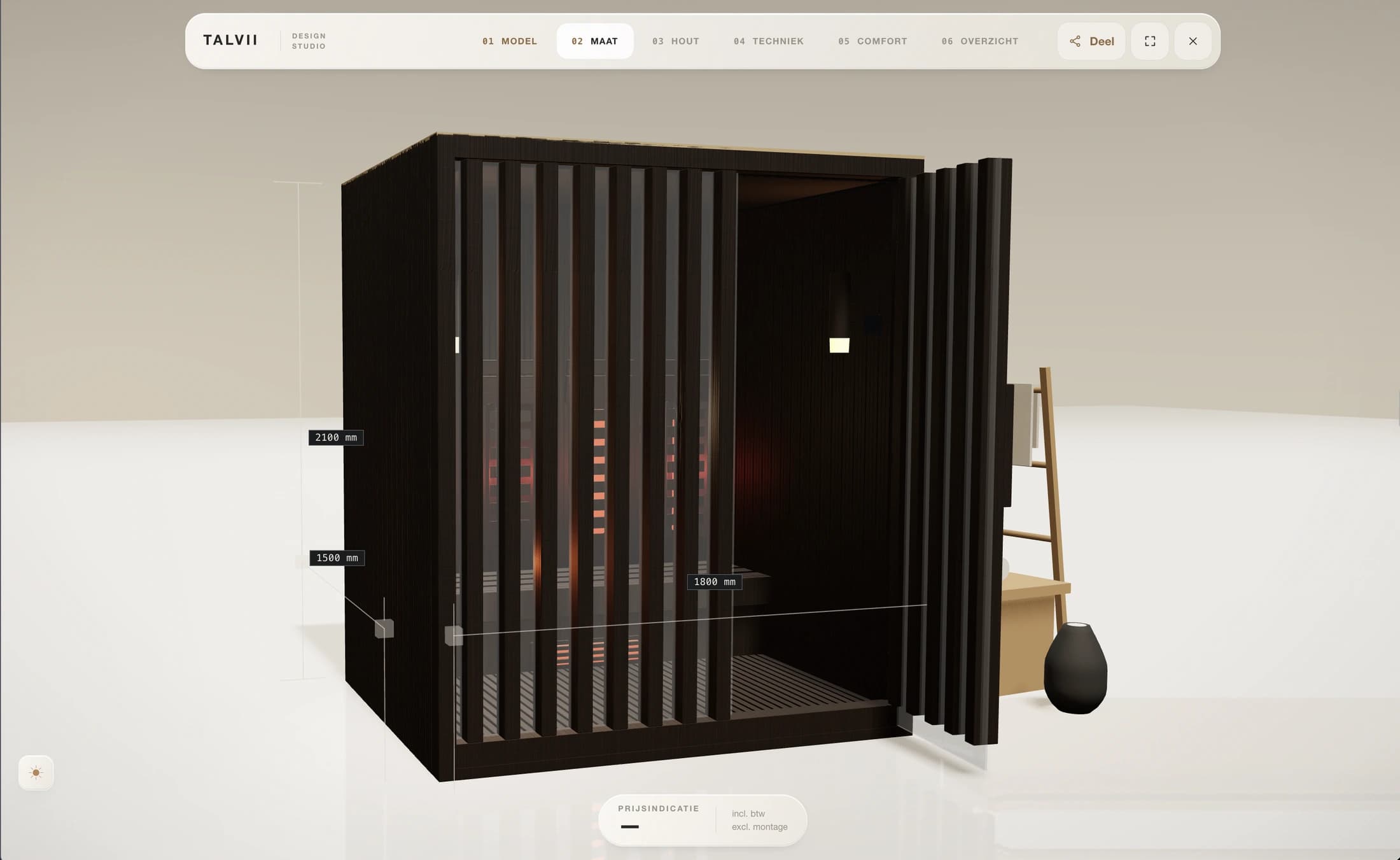 TALVII Design Studio met een donkerhouten sauna met open deur, maatlabels en navigatie in een lichte studio