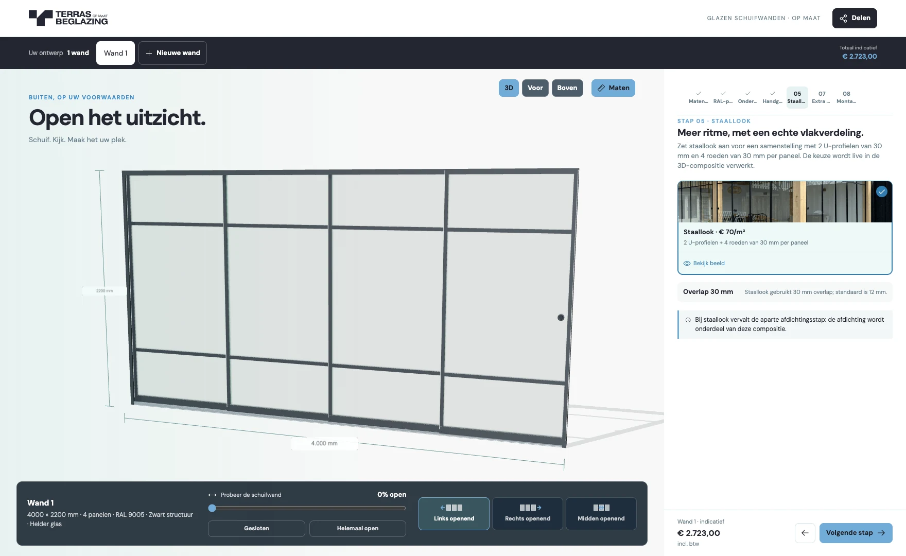 The actual Terrasbeglazing op Maat configurator showing a steel-look wall, dimensions and material options
